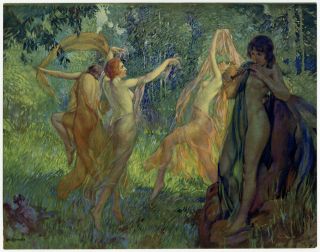 Antique Louis F Berneker Dancing Nude Woodland Nymphs Art Nouveau Pin - Up Print