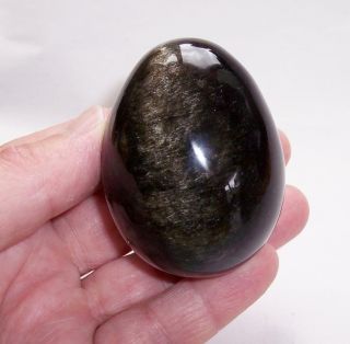 Vintage Black Obsidian Stone Egg Ornament With Gold Sheen Hand Shaped Polished