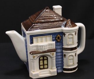 Otagiri Blue Victorian Row House Ceramic Tea Pot Figural Hand Crafted Japan