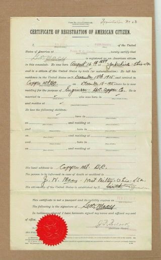 1915 G.  W.  Macy Certificate Of Registration Of American Citizen