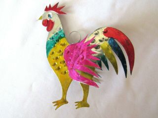 Vintage Mexican Folk Art Punched Tin Colorful Rooster Christmas Ornament - L - 4 "