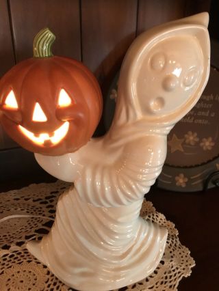 12” Vintage Ceramic Lighted Ghost And Pumpkin /euc