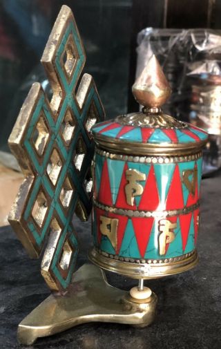 2 Line Om Mani Mini Desktop Prayer Wheel 4.  5 " Inlaid With Turquoise And Coral
