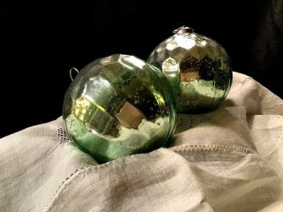 (2) Vintage Kugel Style - Heavy Mercury Glass Ornaments - Silver Top W/green Bottom