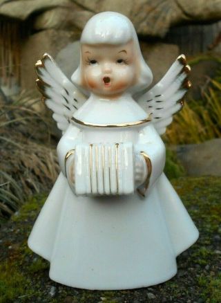 Vintage Christmas Angel Figurine White Gown Playing Concertina Gold Trim Japan