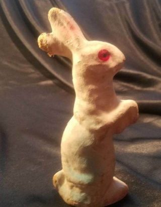 Vintage 7 In.  White Bunny Rabbit Paper Mache Candy Container Blue Pink Ears