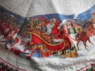 Vintage Tree Skirt Colorful Print Santa Sleigh Elves Loading Toys Reindeer