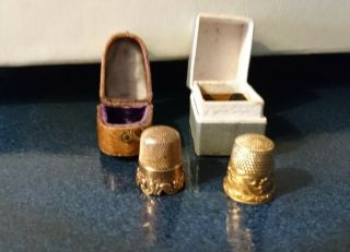 Antique Gold Thimbles With Cases (2)