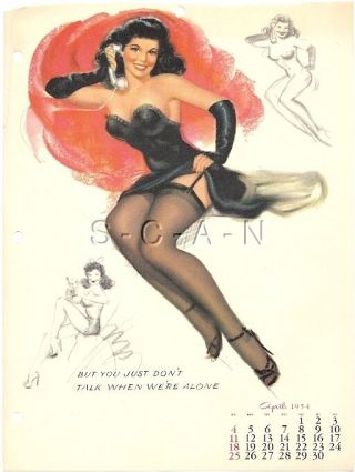 Org Vintage Risque Pinup Calendar - Stockings - Telephone - T.  N.  Thompson - Apr 54