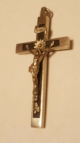 Silvertone And Wood Crucifix With Skull And Crossbones Real Ebony Mark