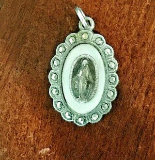 Antique Catholic Sterling Silver Miraculous Medal Pendant Mother Pearl Mary