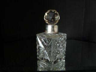 Vintage Square Cut Glass Perfume Scent Bottle Silver Collar London 1913 W.  H.  S.
