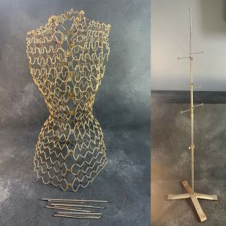Vintage Wire Dress Form Adjustable Snaps With Stand Mcm Sewing Seamstress Mesh