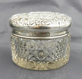 Antique Victorian 1897 Dressing Table Jar Sterling Silver Lid By Levi & Salaman