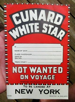1930s Rectangle Cunard White Star Cruise Ship Line Luggage Suitcase Label Decal