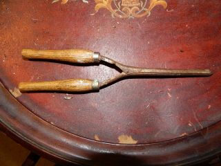 Antique Hair Curler Curling Iron Mustache Curler Top Of Stove Brown Wood Handle