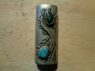 Vintage Sterling Silver And Turquoise Bic Lighter Case.