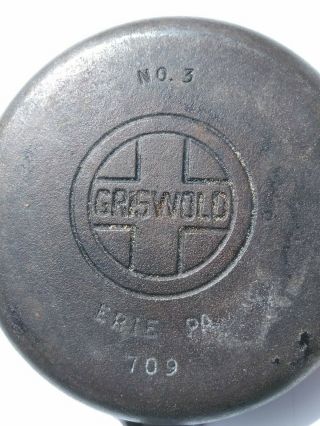 Griswold Cast Iron 3 Skillet Large Block Logo 709 Hollow Handle Flat Bottom