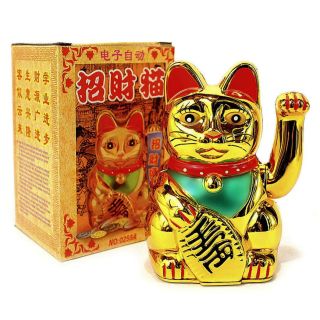 Lucky Beckoning Cat 7 " Gold Wealth Waving Kitty Maneki Neko Feng Shui Japanese