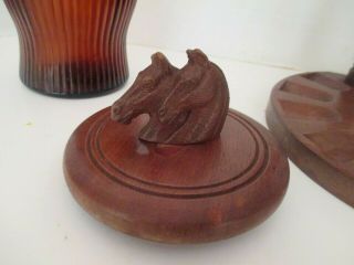 Vintage Wooden 10 Tobacco Pipe Holder with Amber Glass Humidor Horse Heads 4