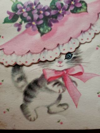 Vtg Rust Craft Easter Greeting Card Diecut Kitten Bonnet Pink Pansies Craft Asis