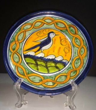 Vintage Talavera Mexican Pottery Hand Painted 8 " Blue Bird Wall Plate Unmarked