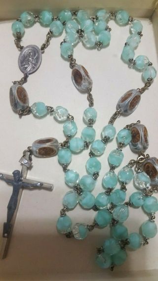 Vintage Antique Rosary Green And Clear Glass Beads Rare