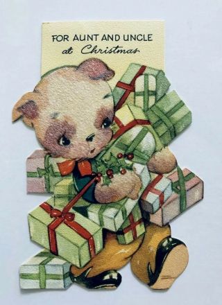 Vintage Gibson Die Cut Christmas Card Anthropomorphic Dog Boy Present Holly Bow