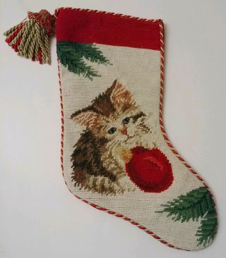 Needlepoint Kitty Cat Kitten Christmas Stocking Blue Eyes Wool Tassel Completed 2