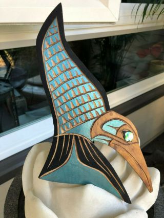 Northwest Coast Native Art Hummingbird Abalone Eye Plaque Carving