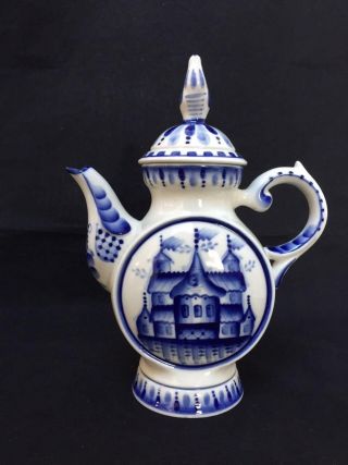Gzhel Teapot White And Blue Floral Design With Chicken Lid Hand Made In Russia