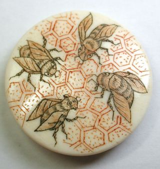 Hand Carved Button Detailed Bees On A Honeycomb Design - 1 & 1/16 "