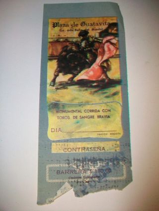 Vintage Bullfighting Ticket Plaza De Guatavita Monumental Corrida Con Toros