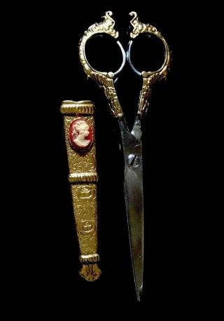Vtg Antique Ornate Brass Handle Sewing Scissors In Cameo Case Sheath