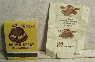 Vintage Brown Derby 1 Matchbook Cover Unstruck And 1 Sugar Cube Cover