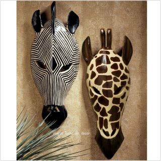 Set Of 2 Exotic Tribal Mask African Wall Decor Handmade Sculpture Giraffe Zebra