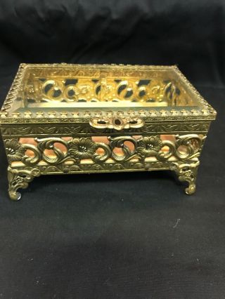 Vintage Ornate Ormolu Jewelry Casket / Jewelry Box With Beveled Glass Lid