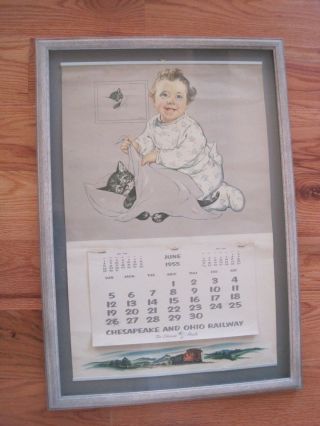 Chesapeake & Ohio Railway Framed Calendar June 1955 Baby Kitty