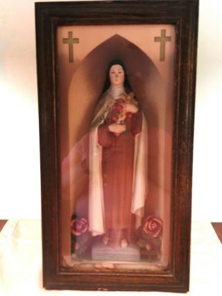 Rare Antique Saint Therese Of The Little Flower Religious Shadow Box Oak W/glas
