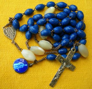 Antique Metal And Blue Agate Beads Rosary Chapelet Perles Agate Bleue Et Nacre