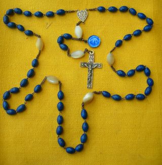 ANTIQUE METAL AND BLUE AGATE BEADS ROSARY chapelet perles agate bleue et nacre 2