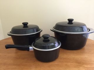 Vintage Club Aluminum Cookware 6 Pc Set Black Sauce Pan 2 Dutch Ovens And Lids