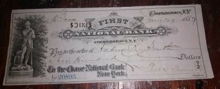 1886 - 87 Cooperstown Ny First National Bank Check Leatherstocking Indian Vignette