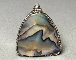Vintage Mexican Sterling Silver And Abalone Shell Inlaid Triangular Pill Box