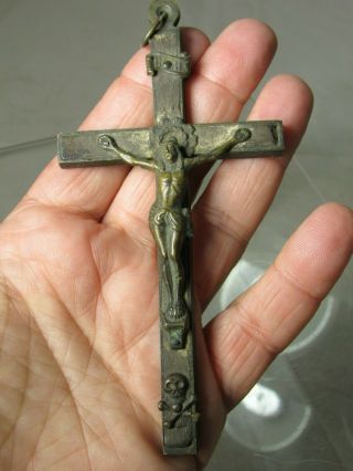 Antique 5 " Pectoral Cross Crucifix Skull Crossbones Golgotha Metal W/ Wood Inlay