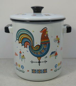 Vintage Swedish Rooster Design Berggren Enamel Stock Pot Steamer Cooker