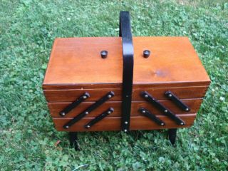 Vtg Accordian 3 Tier Folding Wooden Sewing Box Stand Dovetail Poland