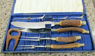 Vintage Sheffield Stag Horn Carving Knives Stainless 4 Pc Set England W /case