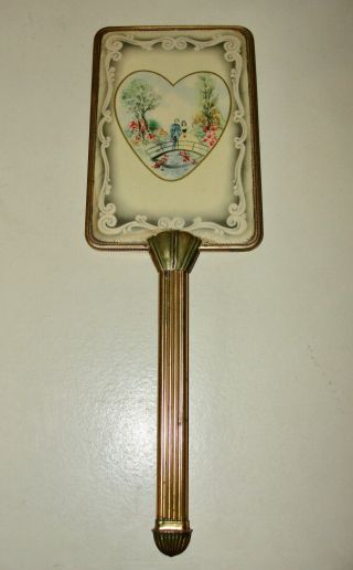 Antique Vintage Brass Heart & Lovers Sweetheart Motif Vanity Hand Mirror