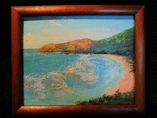Hawaii Signed Painting Hanauma Bay Oahu Solid Koa Wood Frame 11 1/4 " X 9 1/4 "